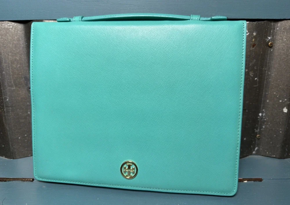Tory Burch Saffiano Leather iPad Tablet Case Folio Turquoise Teal w/ Handle